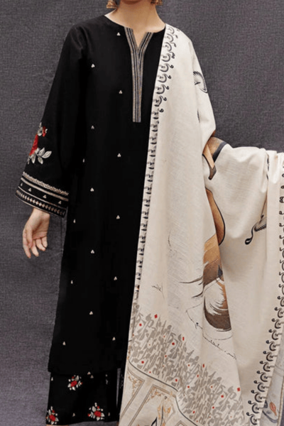 Zarqa Black – 3PC embroidered lawn suit in black with maroon floral detailing, printed contrasting dupatta, and dyed trouser – available in stitched and unstitched options – perfect for Eid and festive daywear by Ragini