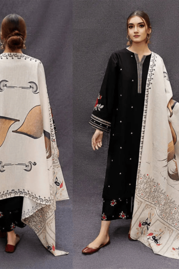 Zarqa Black – 3PC embroidered lawn suit in black with maroon floral detailing, printed contrasting dupatta, and dyed trouser – available in stitched and unstitched options – perfect for Eid and festive daywear by Ragini
