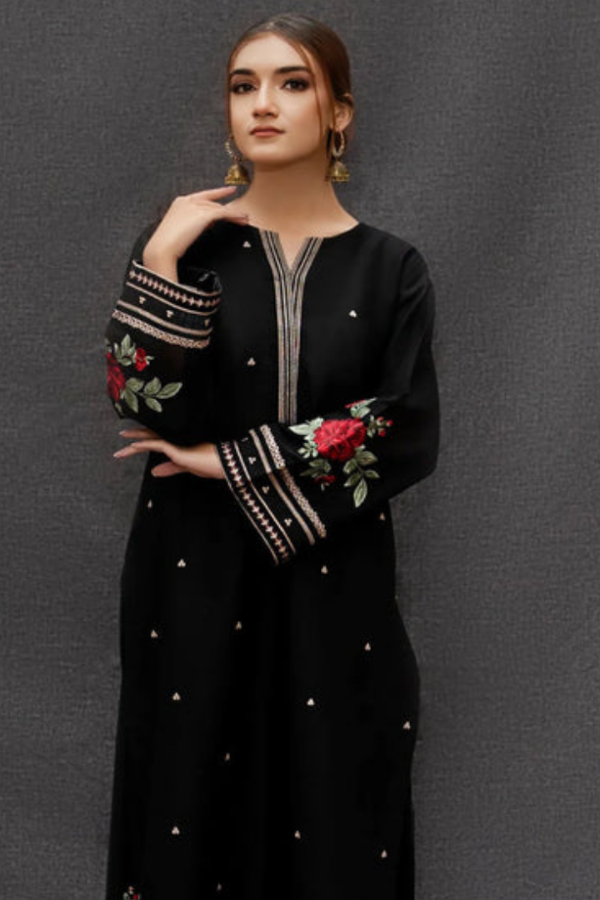 Zarqa Black – 3PC embroidered lawn suit in black with maroon floral detailing, printed contrasting dupatta, and dyed trouser – available in stitched and unstitched options – perfect for Eid and festive daywear by Ragini