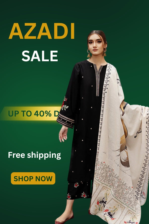 Woman wearing a black and white traditional outfit with 'Azadi Sale' text on a green background